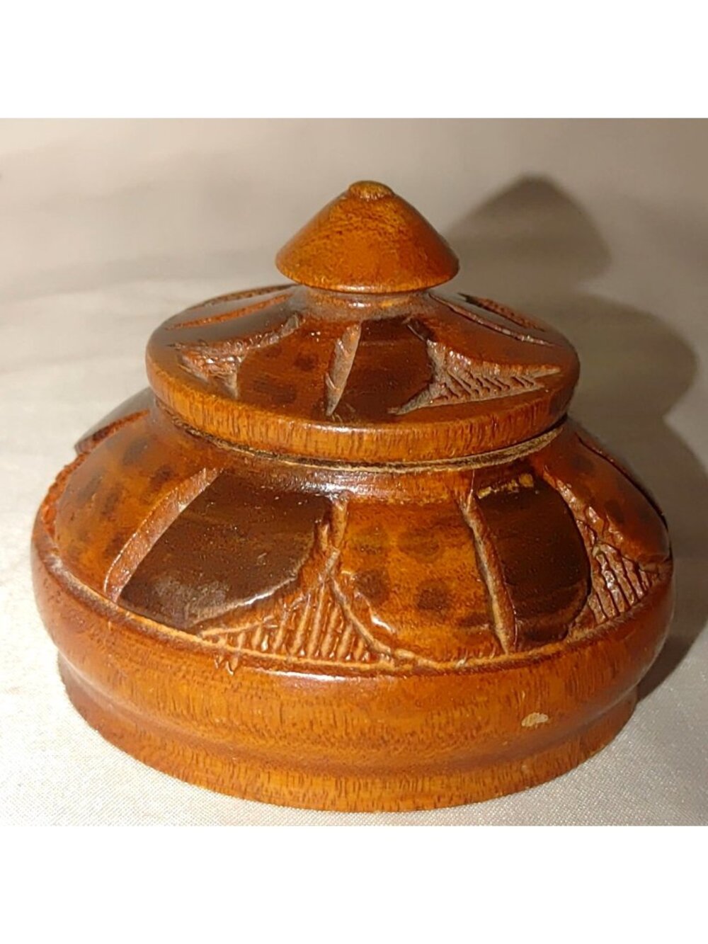 Wooden Trinket Box Hand Carved Lid Floral Design Keepsakes Jewelry MCM Rustic
